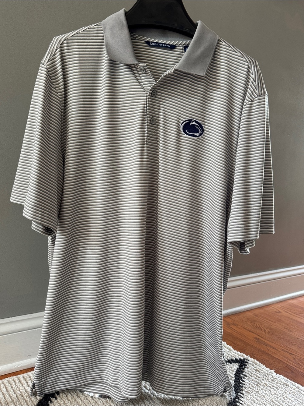 Cutter & Buck Men’s Gray & White Striped Polo w/ embroidered Penn State Logo XL